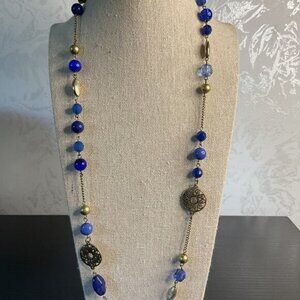 Blue Faceted Crystal Bead & Brass Ornate Focal Points Necklace